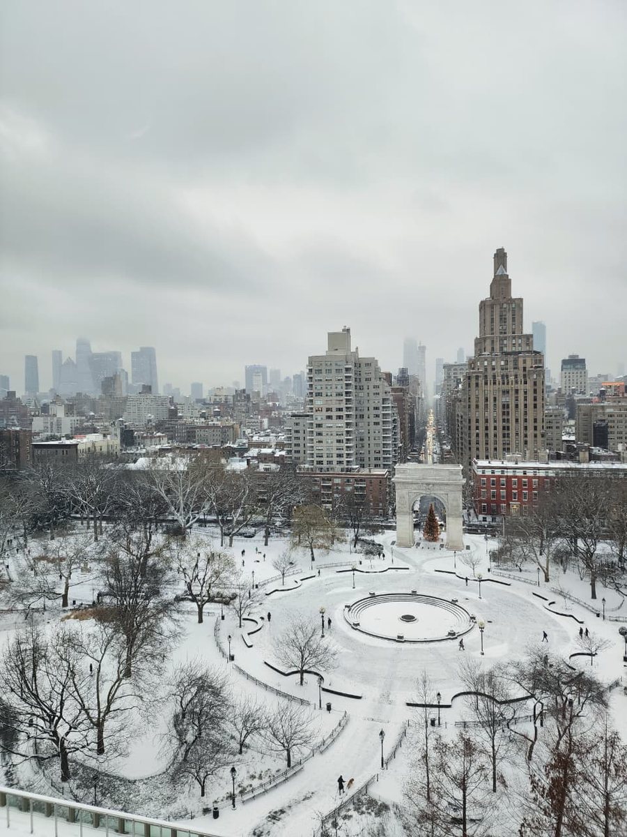 Washington Square Park covered in snow, seen from above